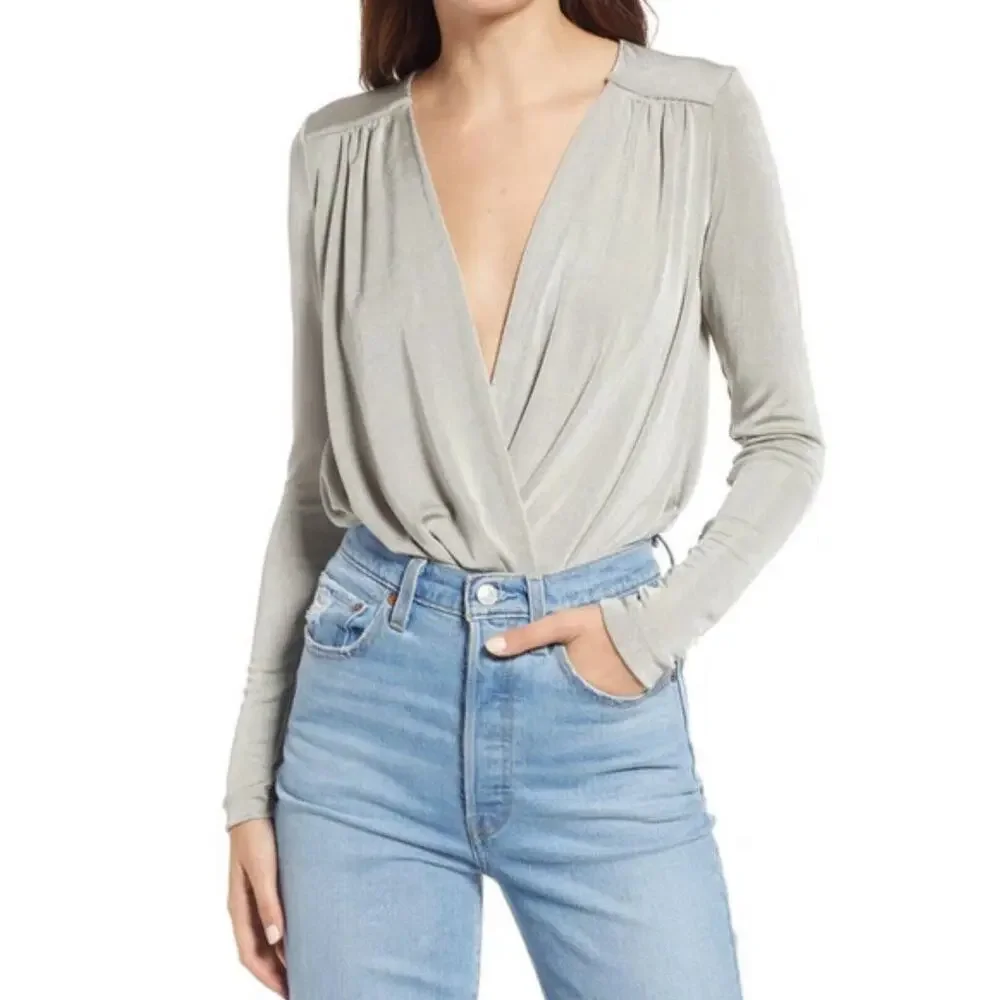 Free People Turnt One Piece Thong Bodysuit Women Size XS Deep Plunge Gray NWT‎